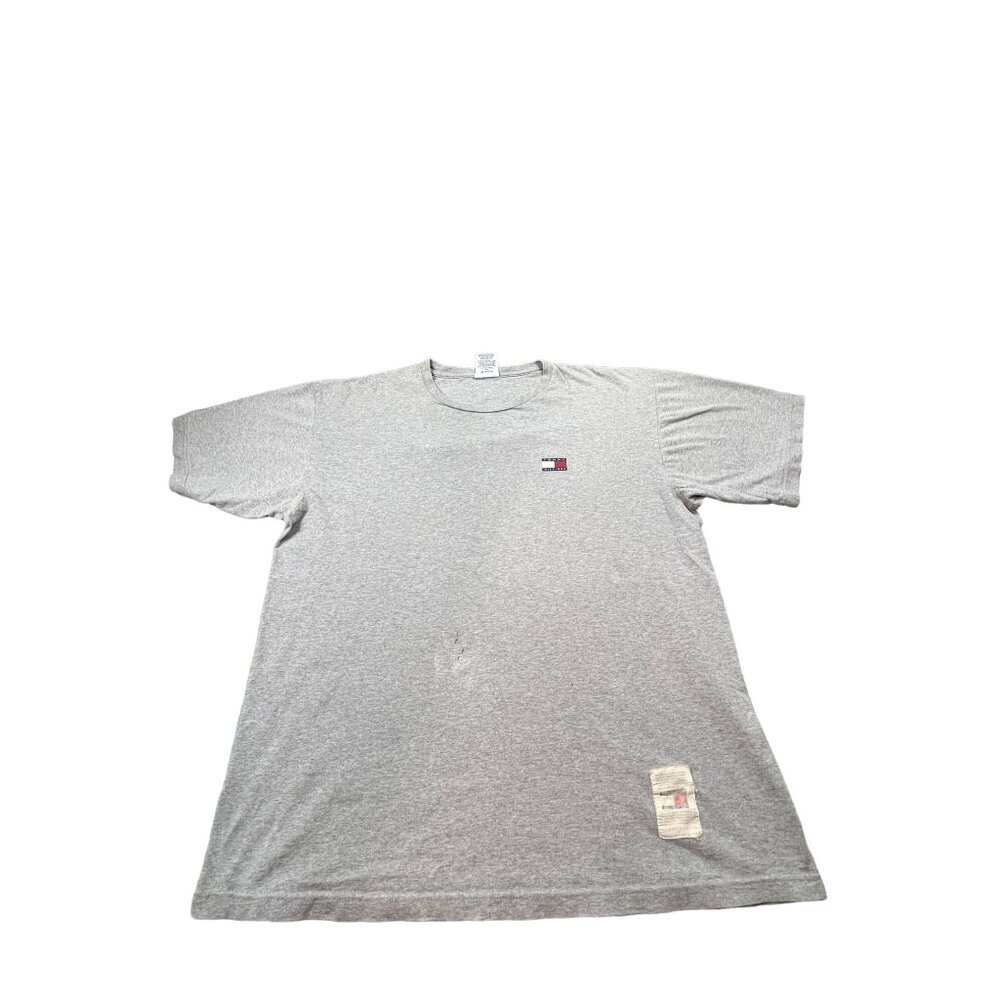 Vintage Tommy Hilfiger Small Flag USA Made Mens Large Gray Shirt Thrashed Preppy